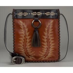 Patricia Nash Venizia Tooled Leather Crossbody Bag Whipstitch Tassel Brown NWOT